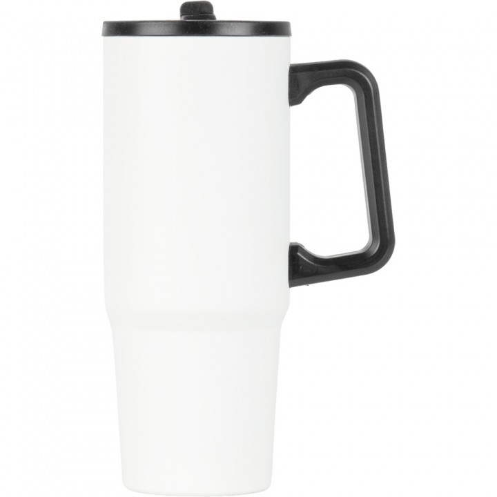 Beyaz renkli 900 ml kulplu metal promosyon termos, siyah kapak ve kulp tasarımı